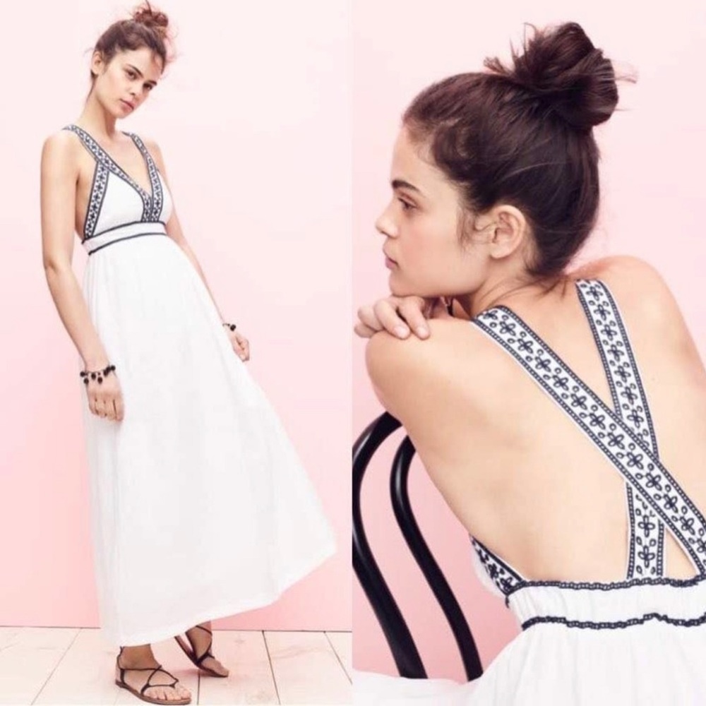 J. Crew White And Navy Blue Embroidered Cross-back Maxi Dress Size Medium.